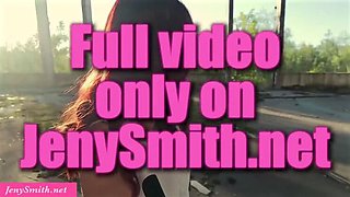 Sexy redhead Jeny Smith gets caught stripping naked at abandoned construction site outdoor