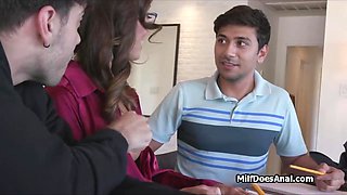 Asian cougar tutor gags on two studs at home