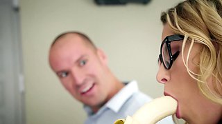 Aubrey Sinclair blows and rides bald-headed dude in the office