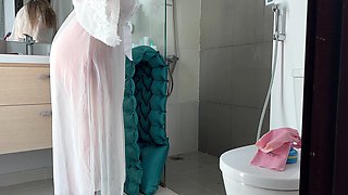Stepmom Cleans the Bathroom in Her Sheer Dress. Slowly