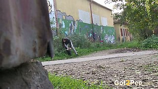 Outdoor solo video with chubby amateur brunette pissing