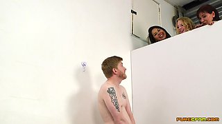 Amateur dude with small dick gets handjobs by Wendy Taylor and friends