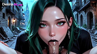 3D Goth Babe Bare on Rubble, Fingers Trace Her Naked Skin in Neon Apocalypse AI Generated