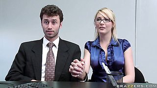 Fake-boobed blonde Jazy Berlin is jumping on a massive penis