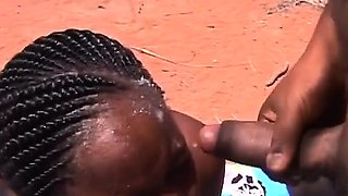 Outdoor deepthroat and nipple torment with African sluts