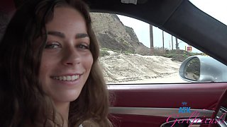 Brunette bombshell in pov car ride