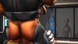 Secrets of Area 51. Sci-fi male android plays with a hot girl in the lab