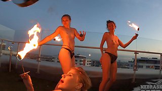 Amateur teens Lea and Melonie try on sports bras outdoors