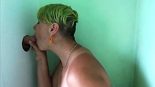 Cock sucking through gloryhole and swallow