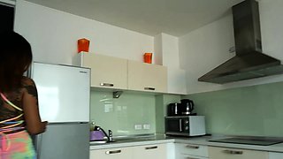Big ass Thai GF cooking and kitchen fuck