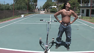 Curly Latina Sucks Him Outdoors on the Trampoline