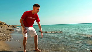 Beautiful Girl Thanking Her Lifeguard On The Beach