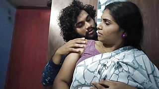 Vaishnavy and Sharun Raj hot saree romance part 2, Neck lick romance with lip lock and boobs press, Mallu couple hot boobs press