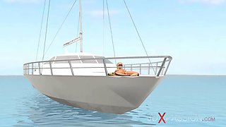 A nerdy boy with VR headset has passionate virtual sex with a hot young blonde on a luxury yacht