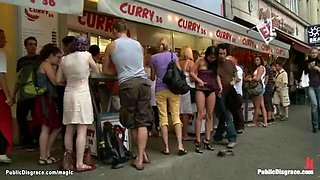 Bound Euro slut fucks in public parking