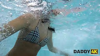 Daddy4k. lean brunette can't swim, but can blow and leap on huge daddy's boner