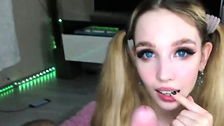 Skinny babe with ponytails facefuck big dick