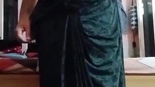 Indian Gayboy Crossdresser Gaurisissy perceiving nasty in black saree displaying her immense melons