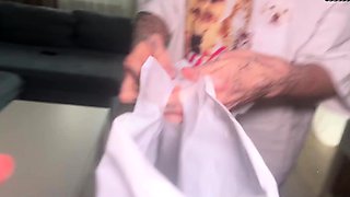 Inked girl's doggy style, cowgirl, pov sex, cum on butt -