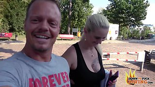 Couple fucked outdoors by a busty blonde milf