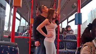 Hot brunette is having sex on the bus in public