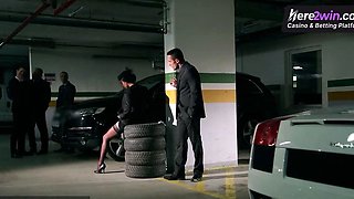 Brunette ginormous hooters group sex in a parking garage