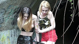 Skinny Tattooed Lesbian Sub Licks Ass Outdoor HD