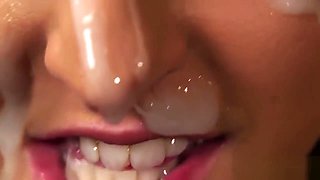 Spicy honey gets jizz load on her face gulping all the cum