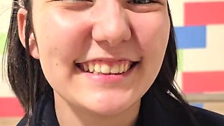 Playful teen swallows a huge hard wood before a pussy fuck