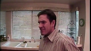 Cute flexible blonde does a split while big cock pounds her ass in the kitchen
