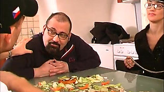 Sexy brunette babe big dick sucking in the kitchen...cum in mouth
