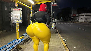 Big Ass Cousin in Tight Yellow Leggings at Bus Stop