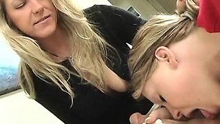 Busty milf teaches teen Amber how to fuck and swap cum