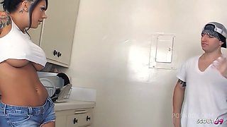 Inked Big Boobs tanned Bombshell Mason Moore seduce her Big Dick Co-Worker to Fuck at Break in kitchen