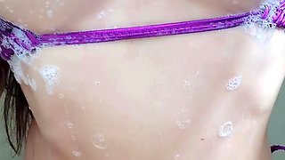 Ebony girl showers her big ass amp masturbating