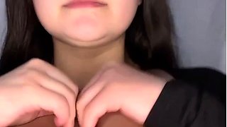 Busty curly brunette with big boobs fucks on couch