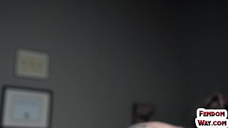 Femdom busty MILF in stockings whipping foot fetish sub