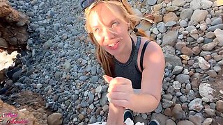Amateur Beach Blowjob: Redhead Anja Amelia Brutal Deepthroat & Cum in Mouth