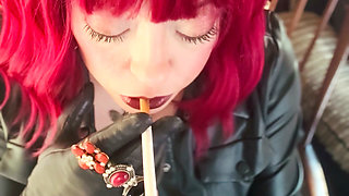 Your Mistress Tina Snua Dressed in Leather Chain Smoking 2 Cork Cigarettes