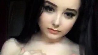 Busty curly brunette with big boobs fucks on couch