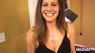 Petite MILF Julia Brunette Deep Throat BJ & Masturbation with Dildo POV