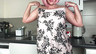 naughty housewife jerks off dildo in the kitchen