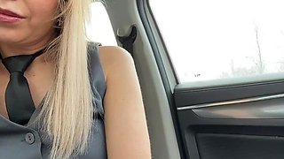 Marvelous Blondie in Suit Peels off and Thumbs in Van
