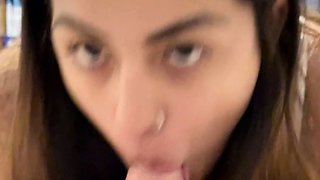 Tan stud gives a POV blowjob to his big cock
