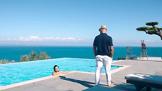 Brunettes Leanne and Christian go wild in a pool