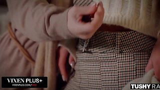 Redhead and her friend enjoy sharing his big dick