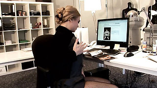 Blonde office secretary Alisha Laine fucks hard on desk - deep throat & cum in mouth