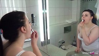German BBW stepsister is seduced by Bro. to fuck in the bathroom