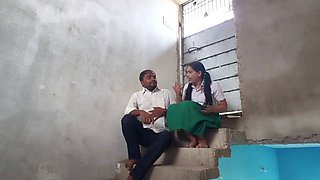 18 years old virgin school girl romance and boobs press with her boyfriend in school balcony