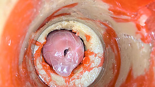 The camera 4k inside the deep pussy records a huge ejaculation with a stuck condom